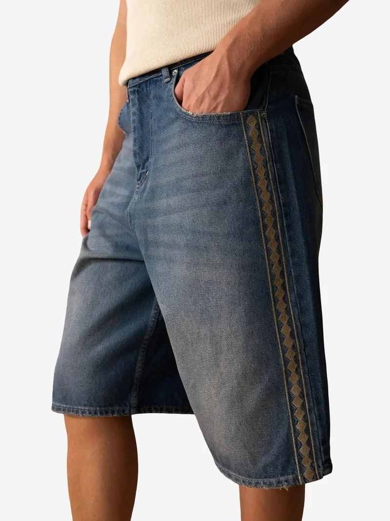 جيستو GIESTO Men's Striped Embroidered Denim Shorts